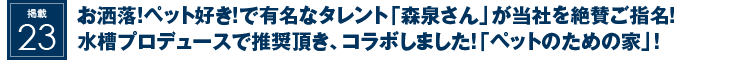 掲載23：お洒落！ペット好き！で有名なタレント「森泉さん」が当社を絶賛ご指名！水槽プロデュースで推奨頂き、コラボしました！「ペットのための家」！