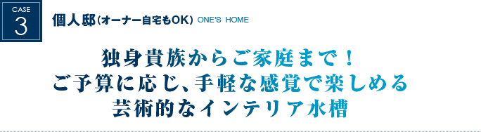 個人宅（オーナー自宅もOK）｜独身貴族からご家庭まで！ご予算に応じ、手軽な感覚で楽しめる芸術的なインテリア水槽