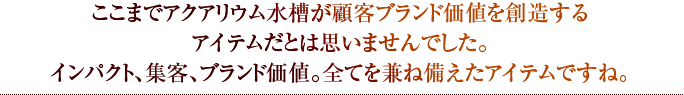 ここまでアクアリウム水槽が顧客ブランド価値を創造するアイテムだとは思いませんでした。インパクト、集客、ブランド価値。全てを兼ね備えたアイテムですね。